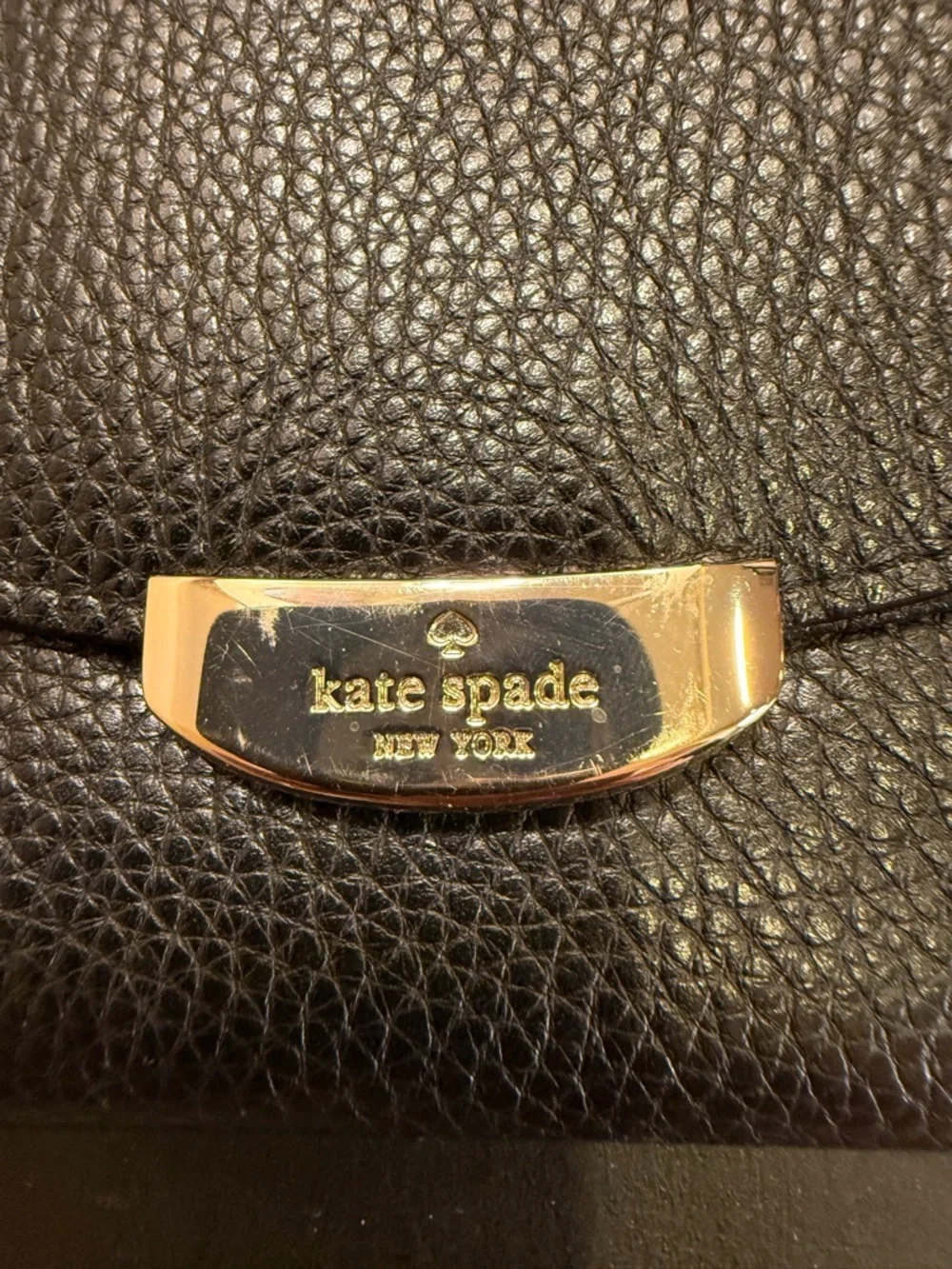 Kate Spade Black Pebbled Leather Tri Fold Wallet with Gold-Tone Logo Closure